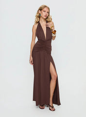 Diona Halter Ruched Maxi Dress Brown