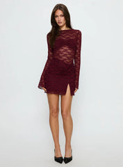 Best You Had Mesh Long Sleeve Mini Dress Burgundy