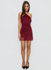 Isabelita Halter Fringe Mini Dress Burgundy