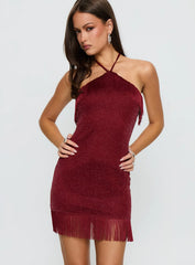 Isabelita Halter Fringe Mini Dress Burgundy
