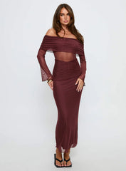 Velouria Off Shoulder Long Sleeve Maxi Dress Brown