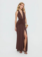 Diona Halter Ruched Maxi Dress Brown