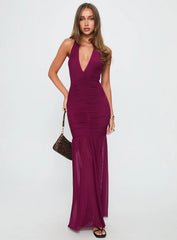 Jailyne Halter Plunge Maxi Dress Plum