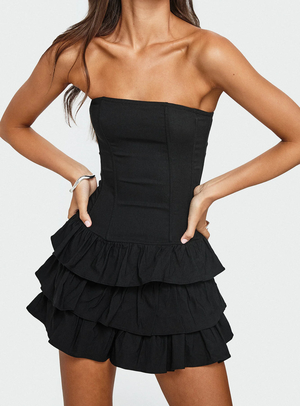 Valentia Tiered Mini Dress Black