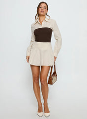 Belva Long Sleeve Corset Shirt Mini Dress Brown Stripe